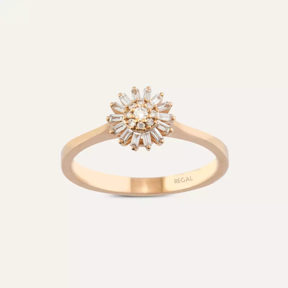 Shiny Baget Kesim Pırlanta Taşlı Rose Altın Yüzük