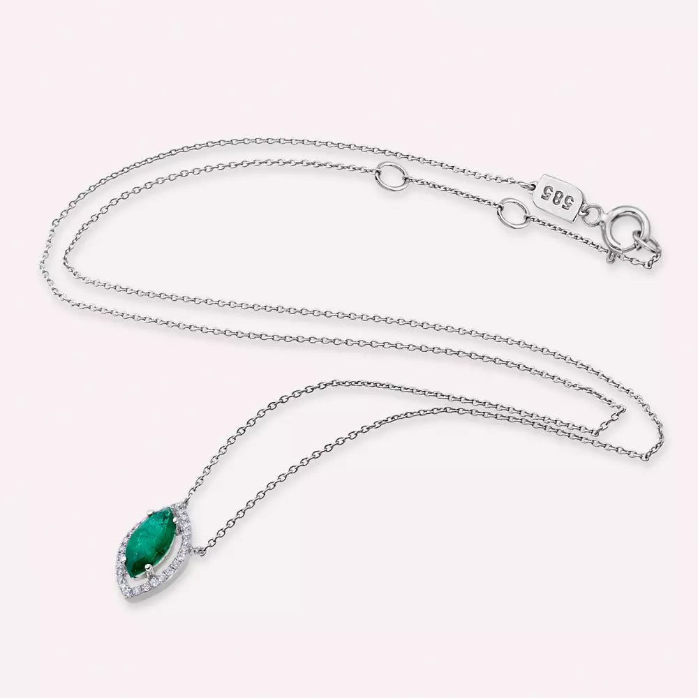 Shuttle Markiz Kesim Zümrüt ve Pırlanta Taşlı Beyaz Altın Kolye