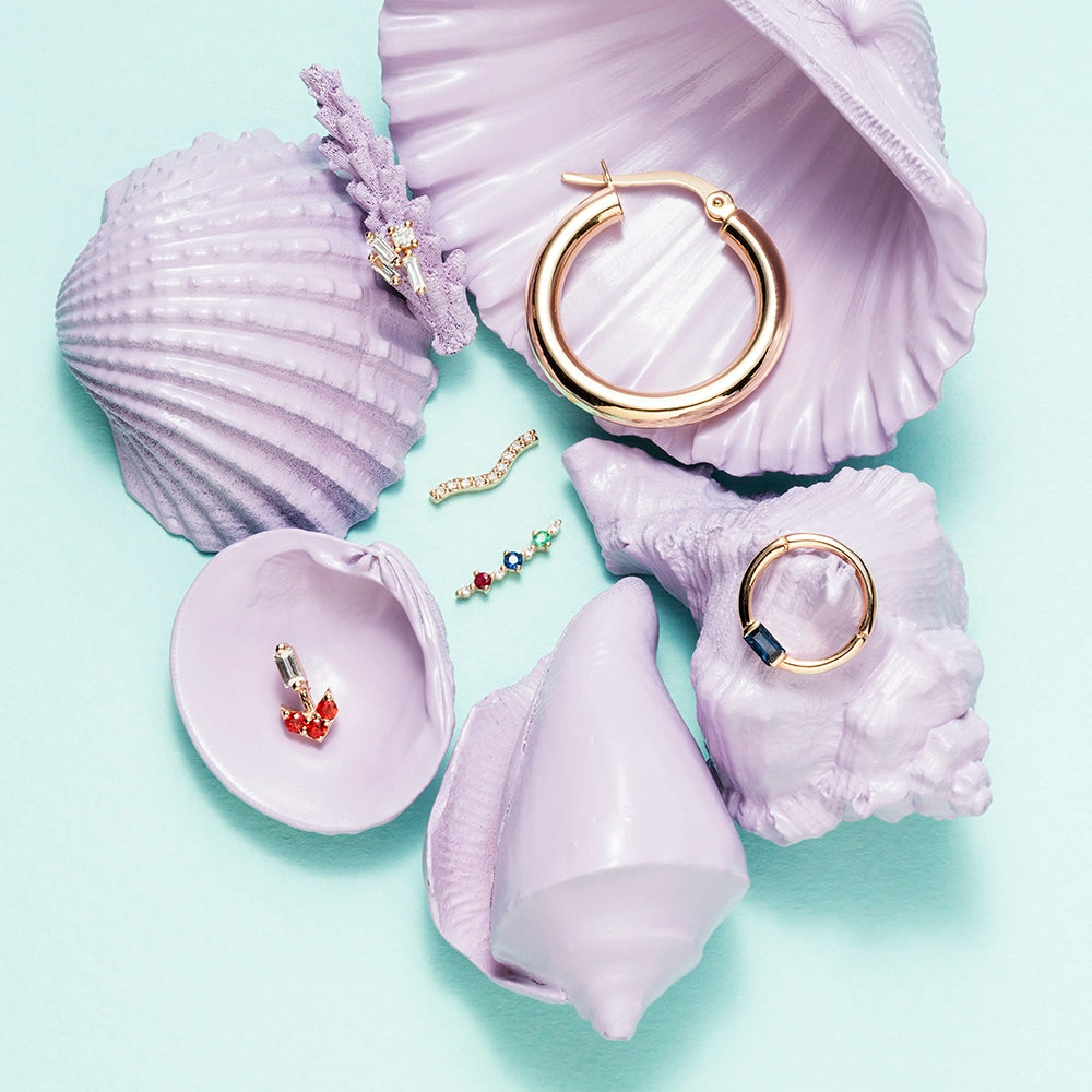 Sign Multicolor Safir ve Baget Kesim Pırlanta Taşlı Rose Altın Piercing
