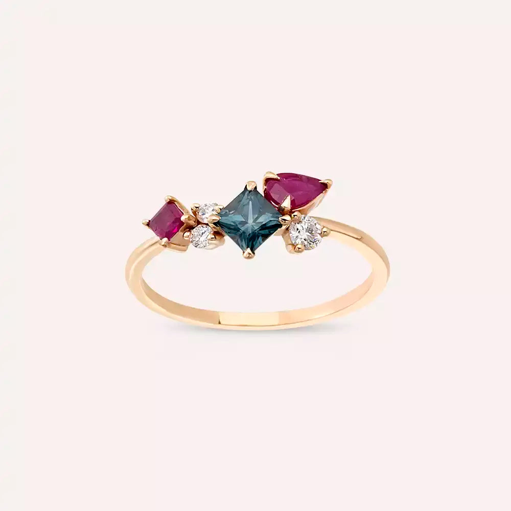 Silva 0.97 CT Yakut ve Multicolor Safir Taşlı Rose Altın Yüzük