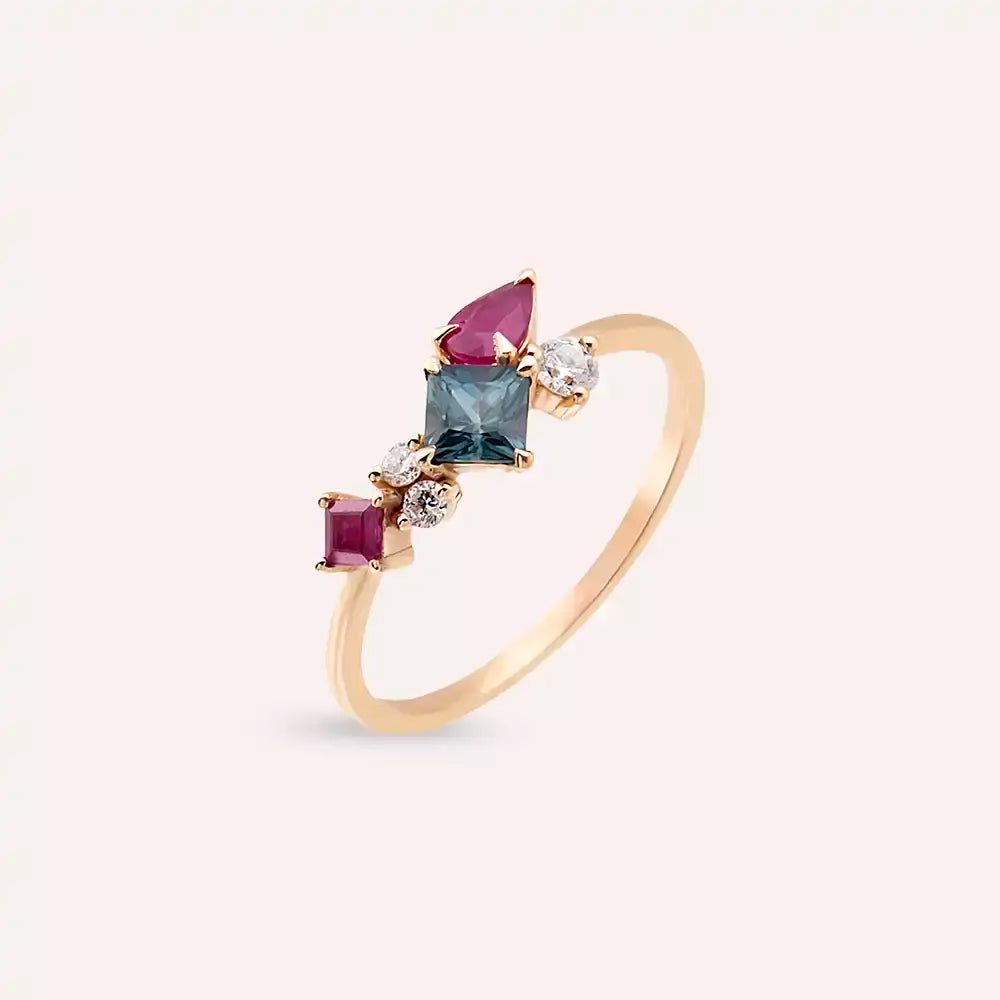 Silva 0.97 CT Yakut ve Multicolor Safir Taşlı Rose Altın Yüzük