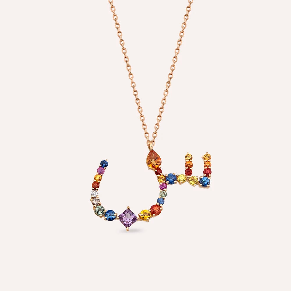 س Sın Harf 1.21 CT Pırlanta ve Multicolor Safir Taşlı Rose Altın Kolye