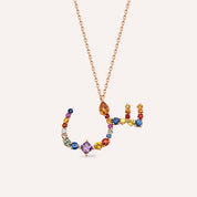 س Sın Harf 1.21 CT Pırlanta ve Multicolor Safir Taşlı Rose Altın Kolye