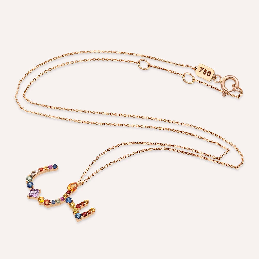 س Sın Harf 1.21 CT Pırlanta ve Multicolor Safir Taşlı Rose Altın Kolye