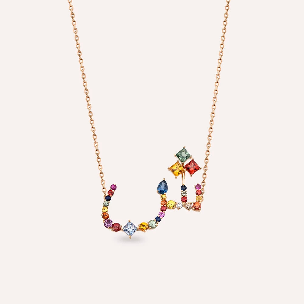 ﺵ‎ Şın Harf 2.02 CT Pırlanta ve Multicolor Safir Taşlı Rose Altın Kolye