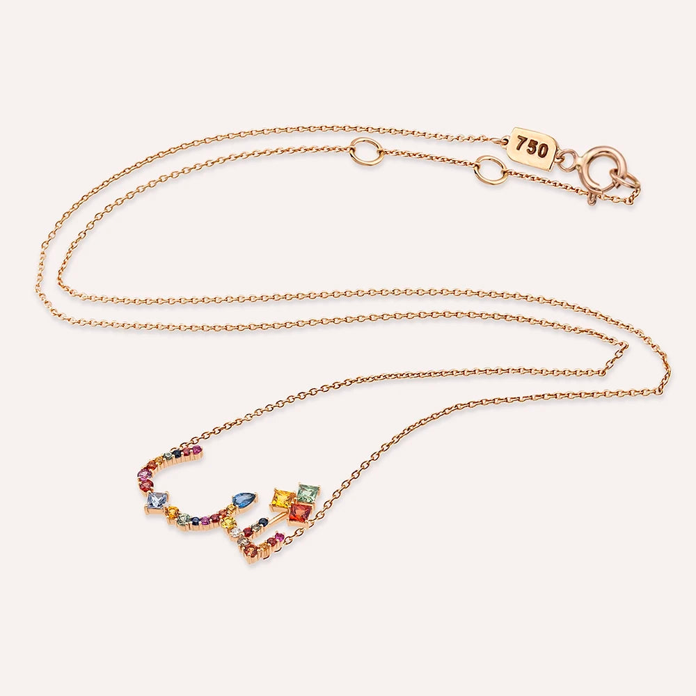 ﺵ‎ Şın Harf 2.02 CT Pırlanta ve Multicolor Safir Taşlı Rose Altın Kolye