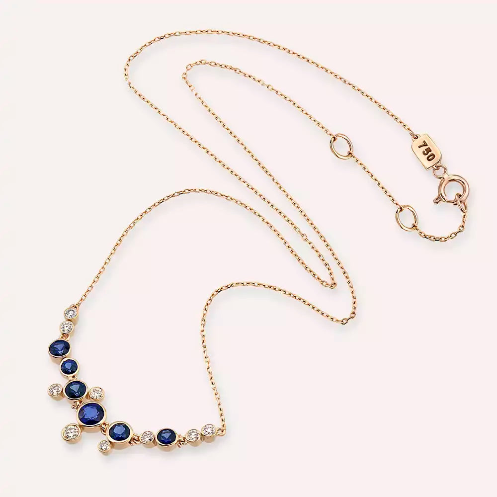 Sion Safir ve Pırlanta Taşlı Rose Altın Kolye