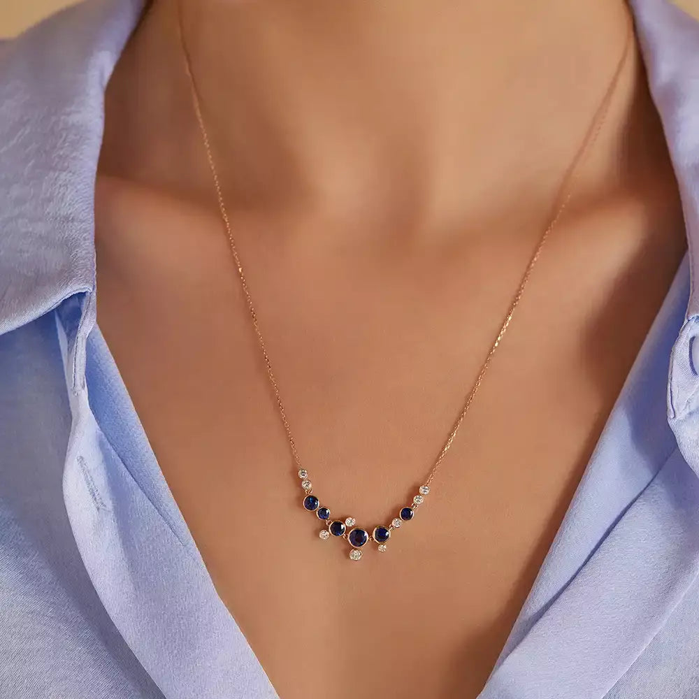 Sion Safir ve Pırlanta Taşlı Rose Altın Kolye