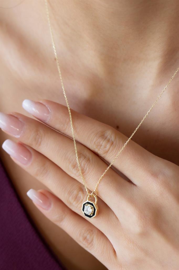 Single Stone Necklace With Black Enamel