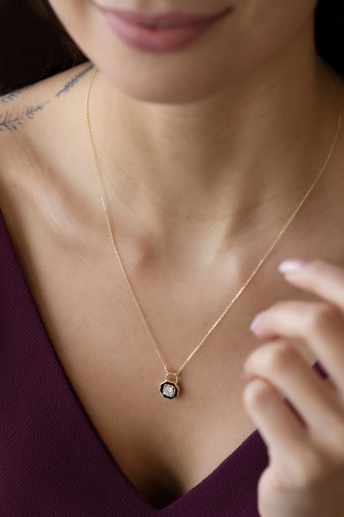 Single Stone Necklace With Black Enamel