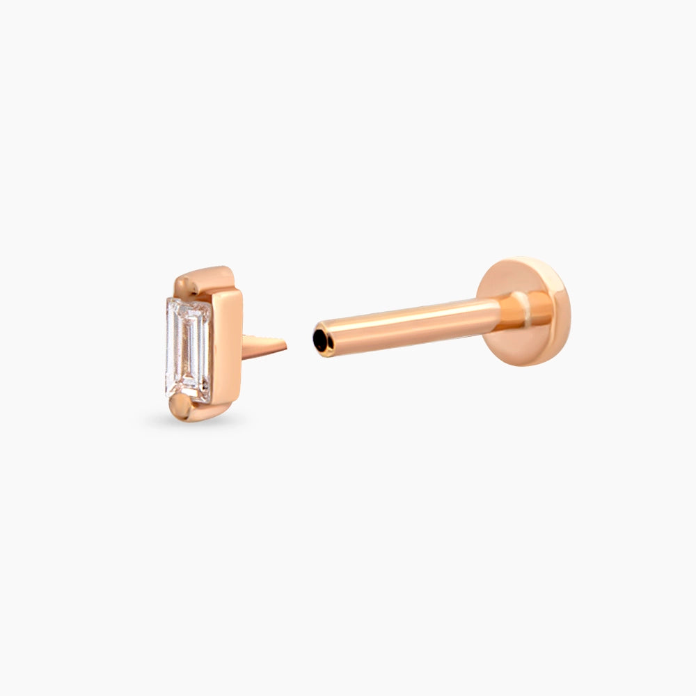 Solid 0.02 CT Baget Pırlanta Taşlı Rose Altın Piercing