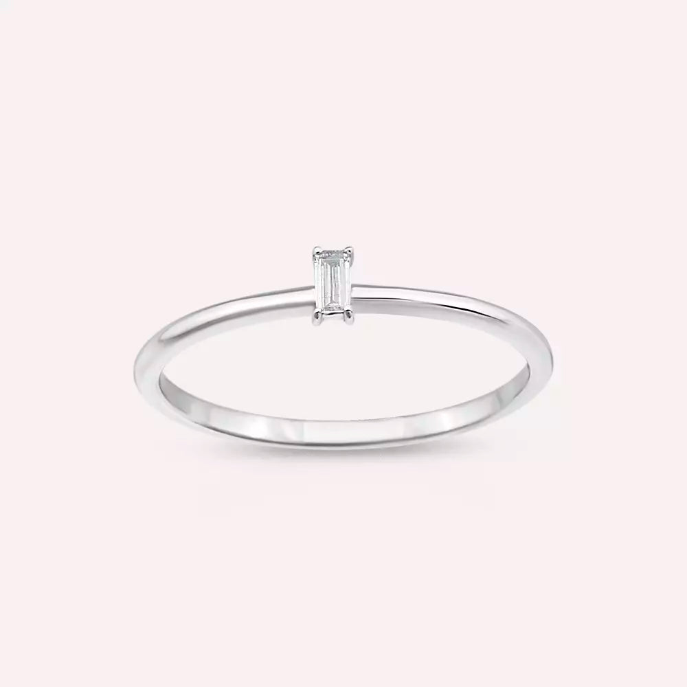 Solid Baget Kesim Pırlanta Taşlı Beyaz Altın Yüzük