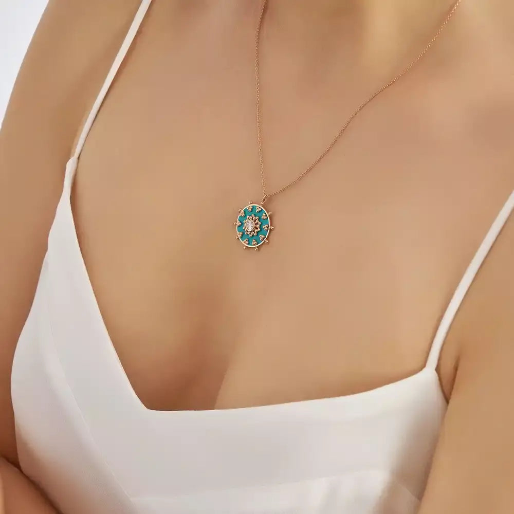 Spica Pırlanta Taşlı ve Turkuaz Mineli Kolye