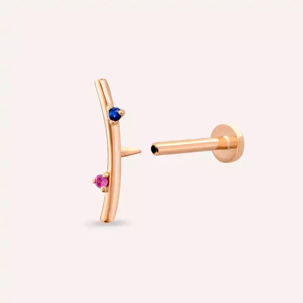 Steep Pink ve Blue Safir Taşlı Rose Altın Piercing