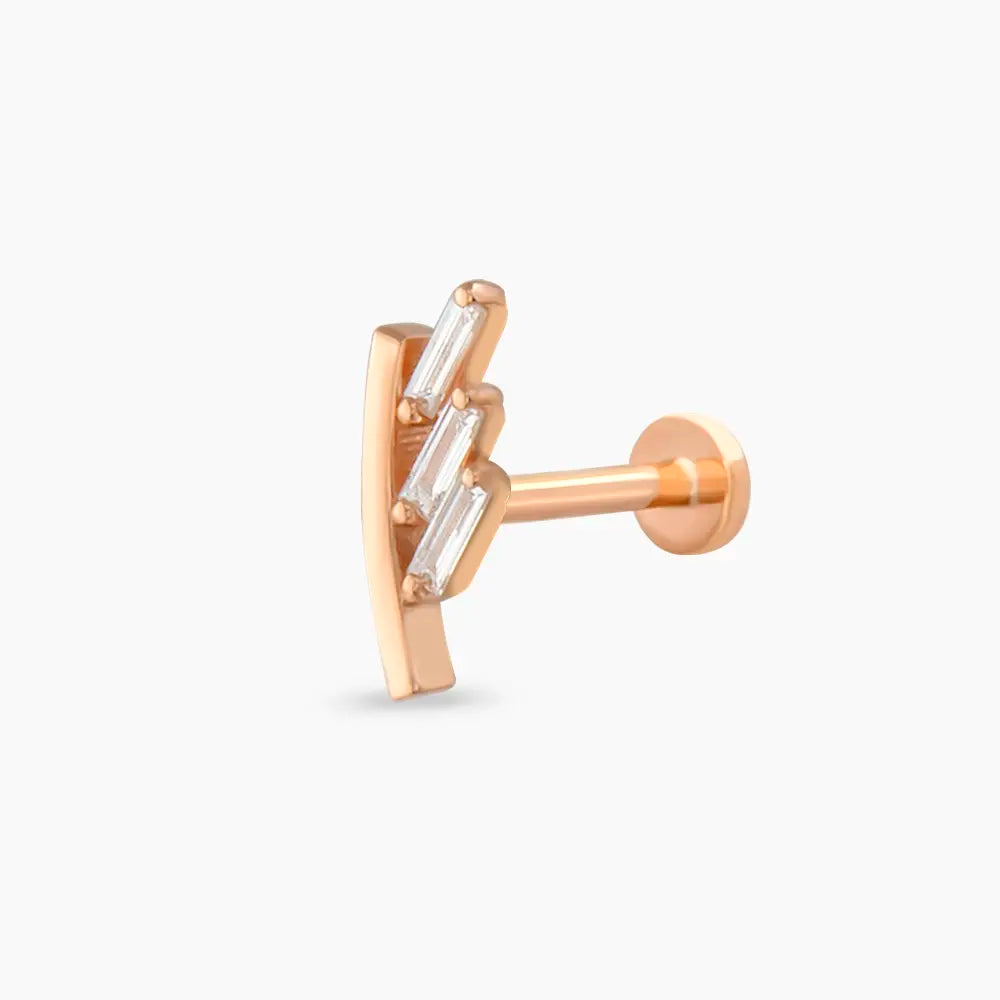 Stem Baget Pırlanta Taşlı Rose Altın Piercing
