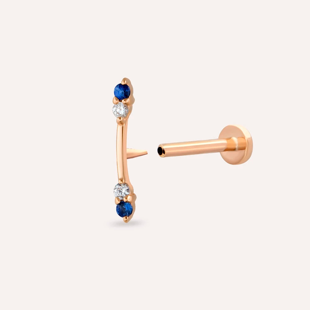 Stick Blue Safir ve Pırlanta Taşlı Rose Altın Piercing