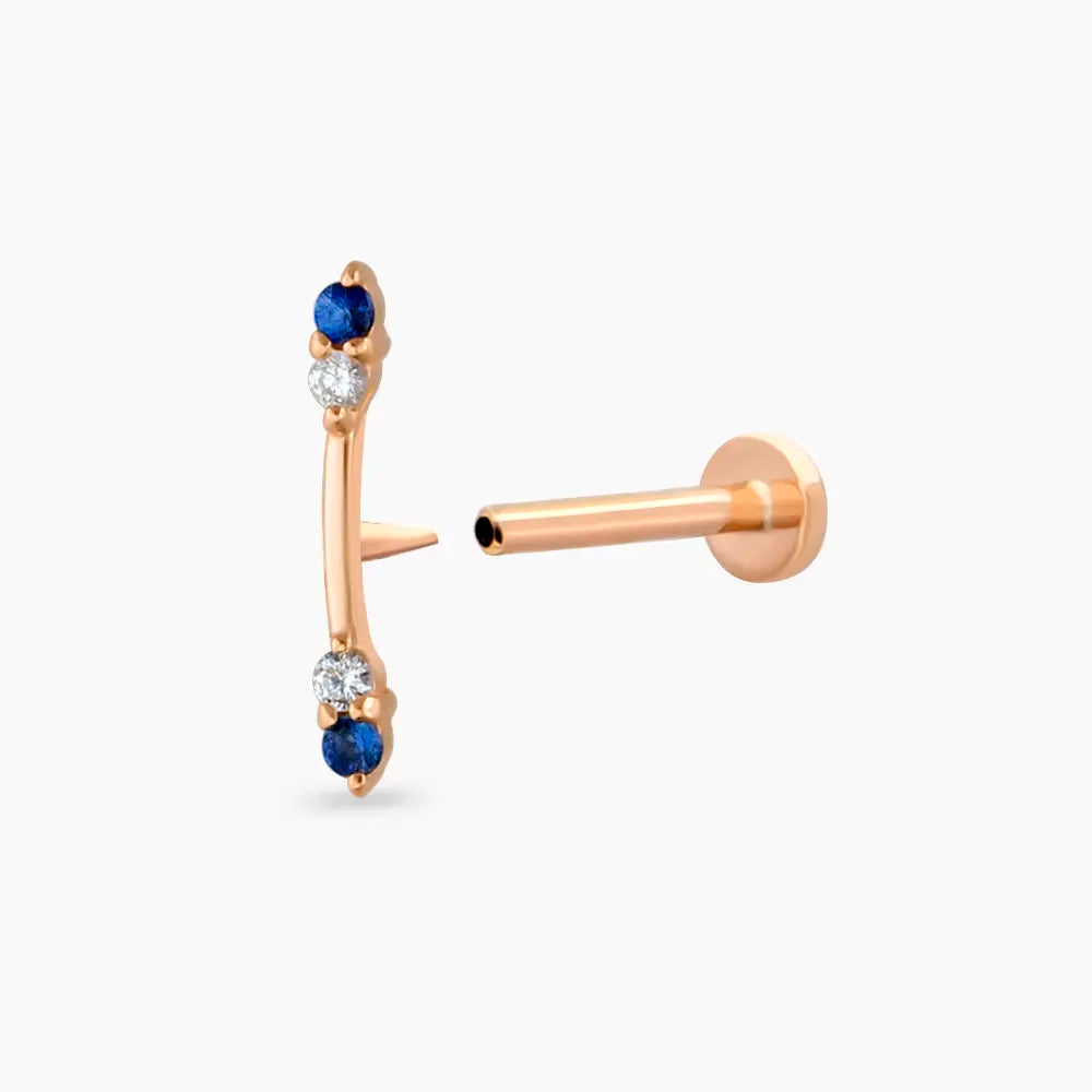 Stick Blue Safir ve Pırlanta Taşlı Rose Altın Piercing