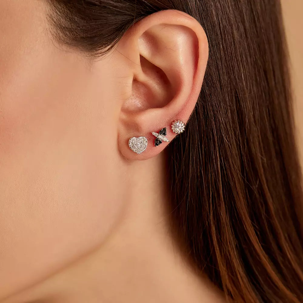 Sunflower Pırlanta Taşlı Beyaz Altın Tek Küpe