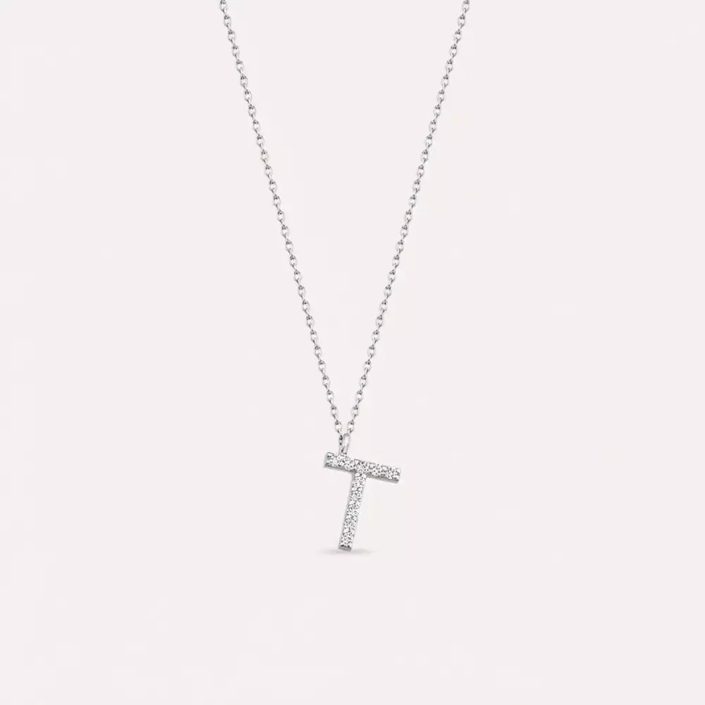 T Harf 0.06 CT Pırlanta Taşlı Beyaz Altın Kolye