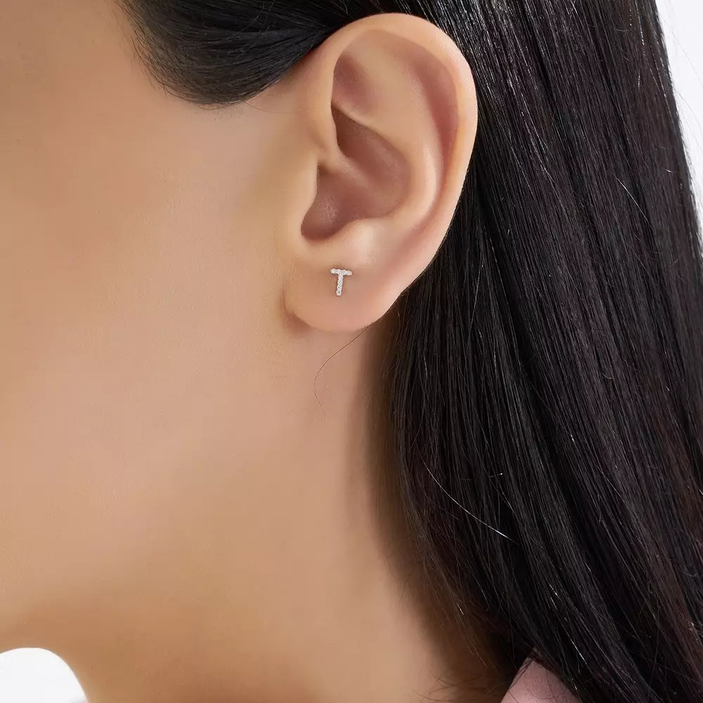 T Harf Pırlanta Taşlı Beyaz Altın Tek Küpe