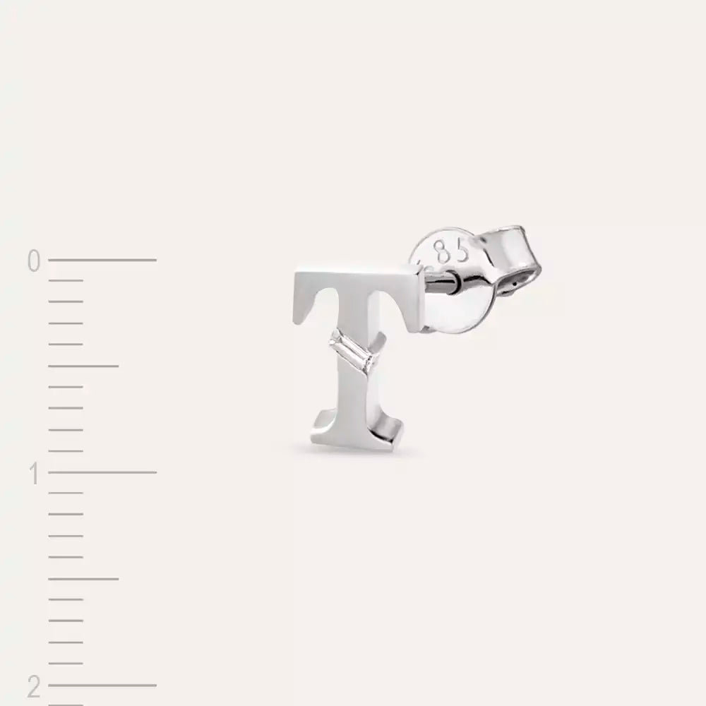 T Harf Pırlanta Taşlı Beyaz Altın Tek Küpe