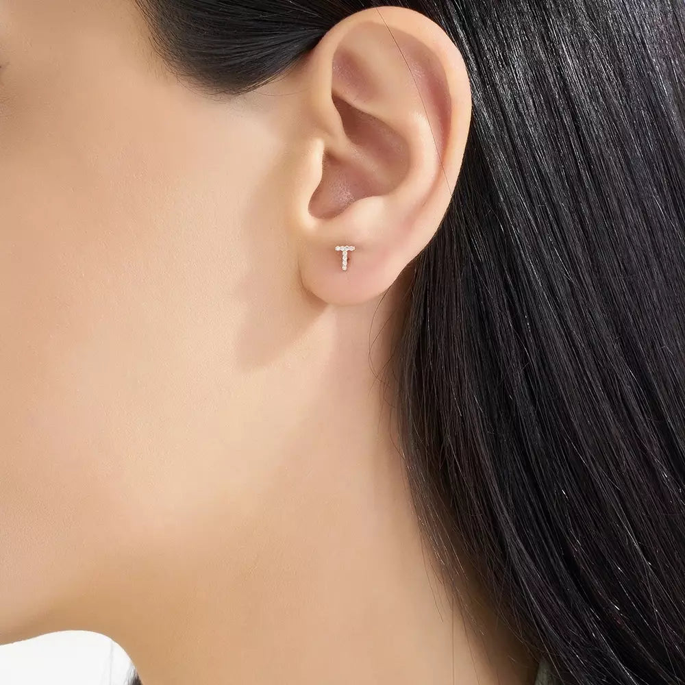 T Harf Pırlanta Taşlı Rose Altın Tek Küpe