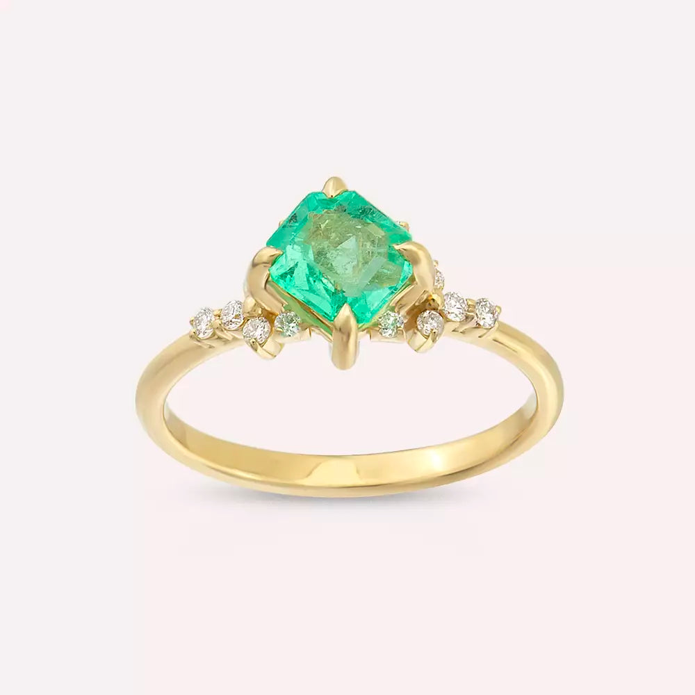 Talia 0.98 CT Zümrüt ve Pırlanta Taşlı Sarı Altın Yüzük