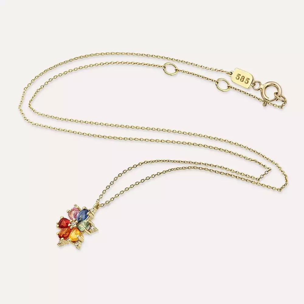 Talia Multicolor Safir ve Pırlanta Taşlı Sarı Altın Kolye