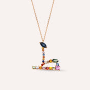 ط Tı Harf 1.48 CT Pırlanta ve Multicolor Safir Taşlı Rose Altın Kolye
