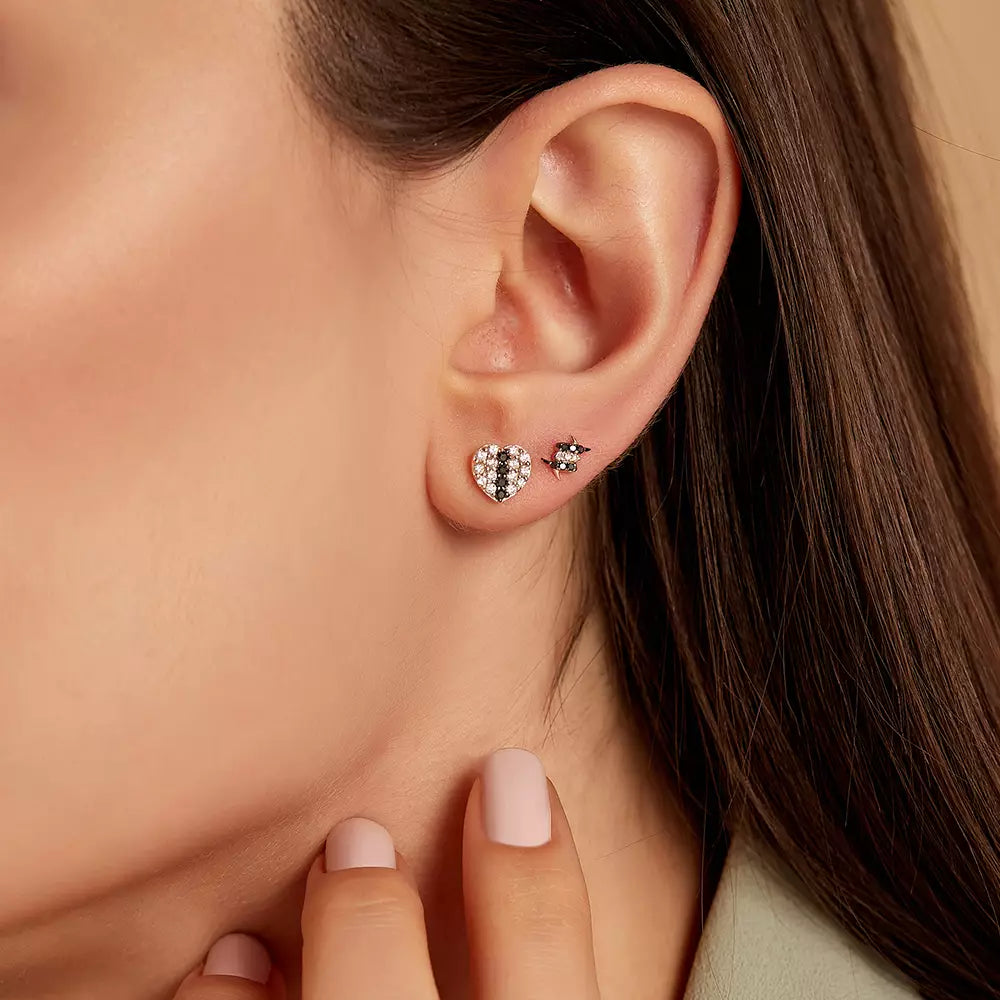 Tough Siyah Pırlanta Taşlı Rose Altın Tek Küpe