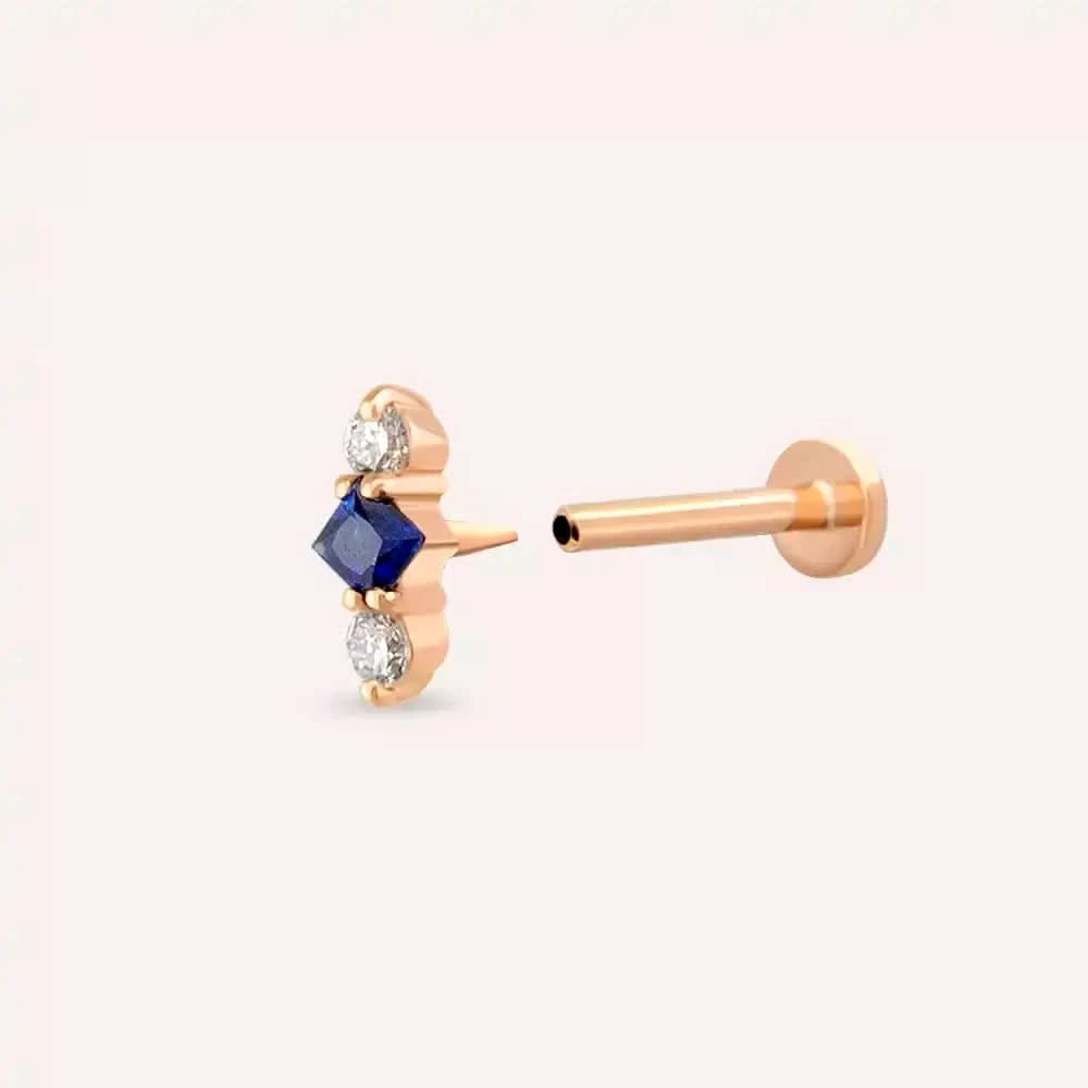 Tress Blue Safir ve Pırlanta Taşlı Rose Altın Piercing