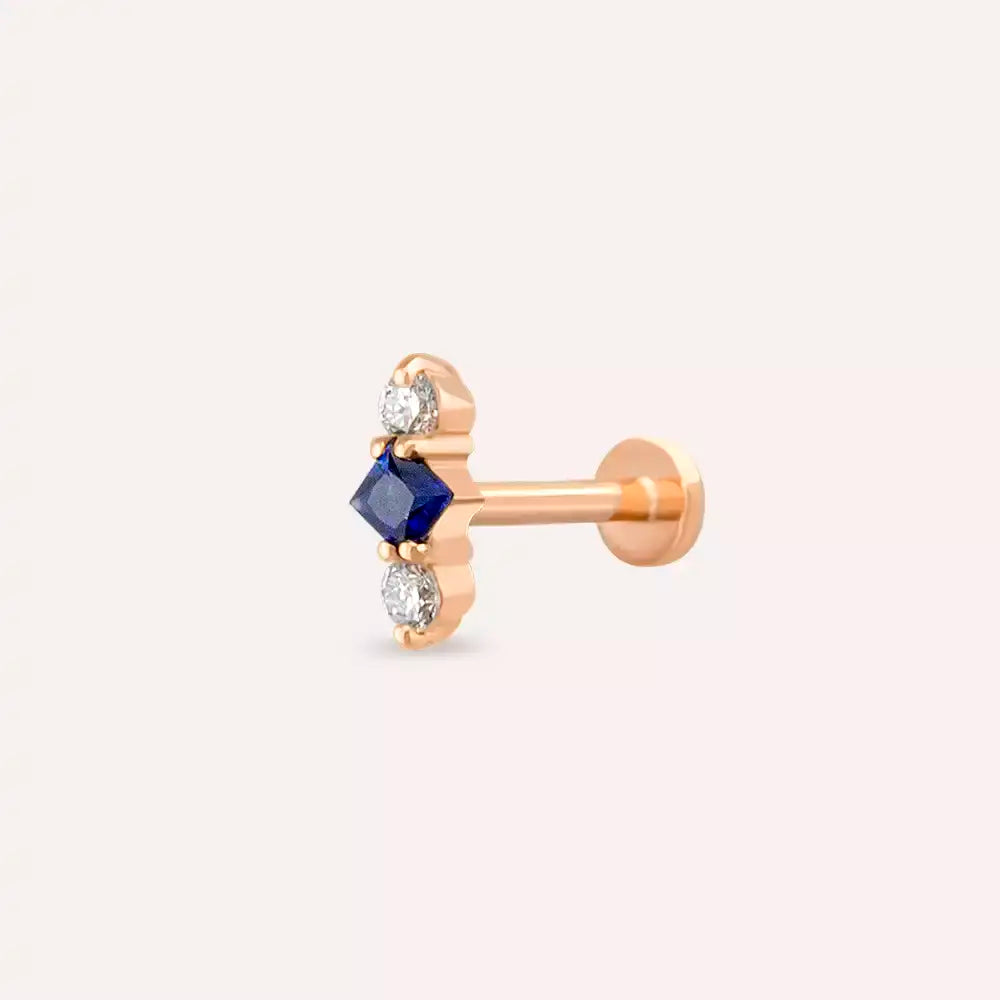 Tress Blue Safir ve Pırlanta Taşlı Rose Altın Piercing