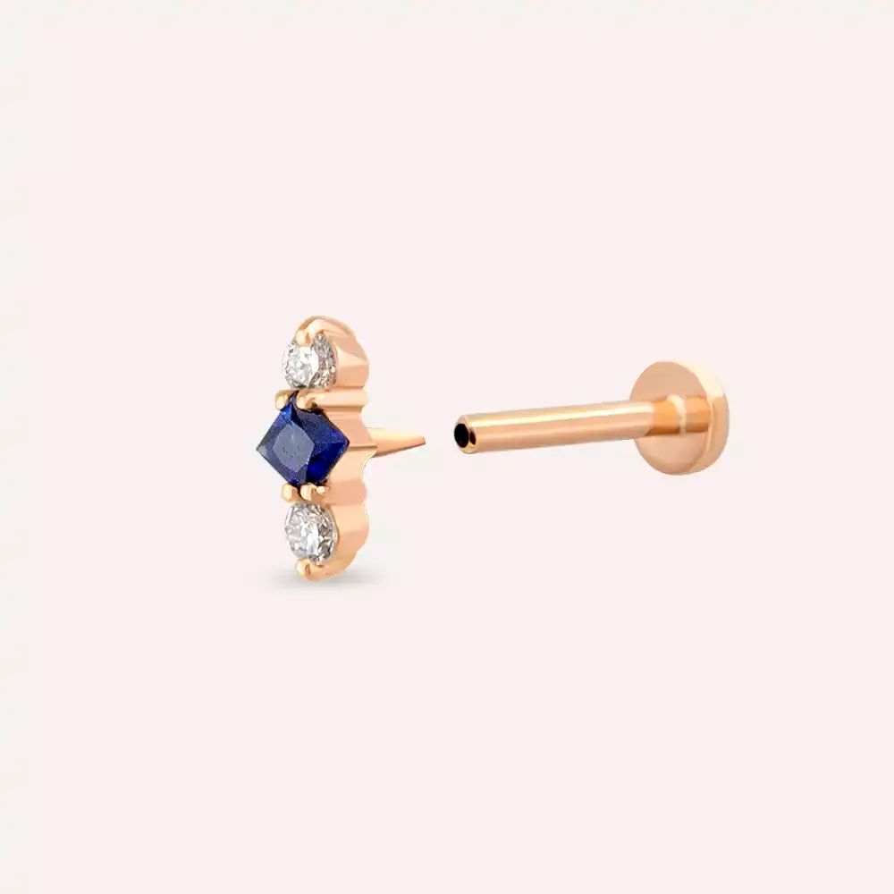 Tress Blue Safir ve Pırlanta Taşlı Rose Altın Piercing