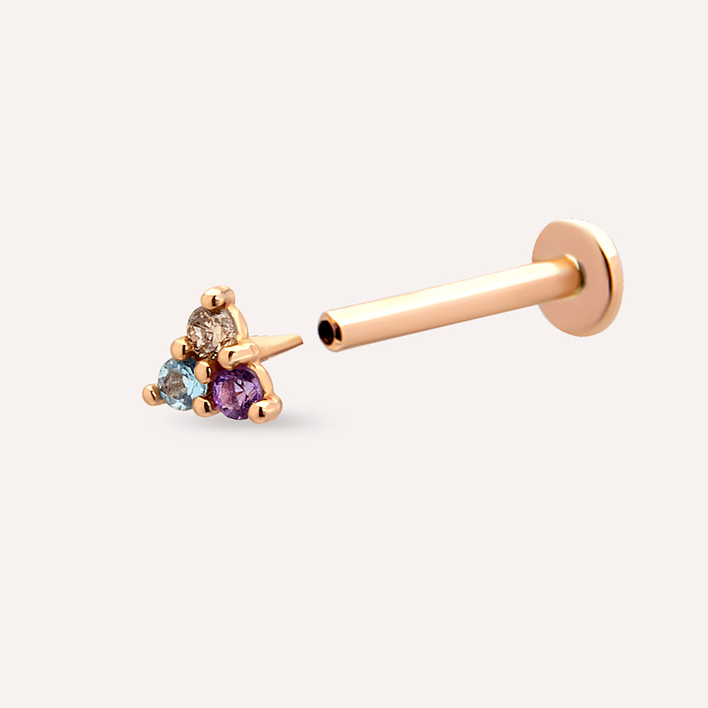 Triangle Ametist ve Aquamarin Taşlı Rose Altın Piercing