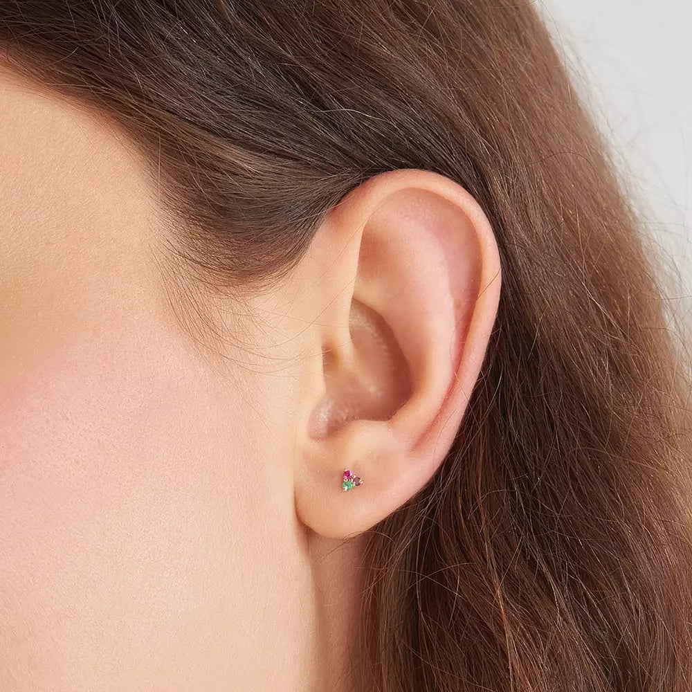 Triangle Ametist, Yakut ve Zümrüt Taşlı Sarı Altın Mini Tek Küpe