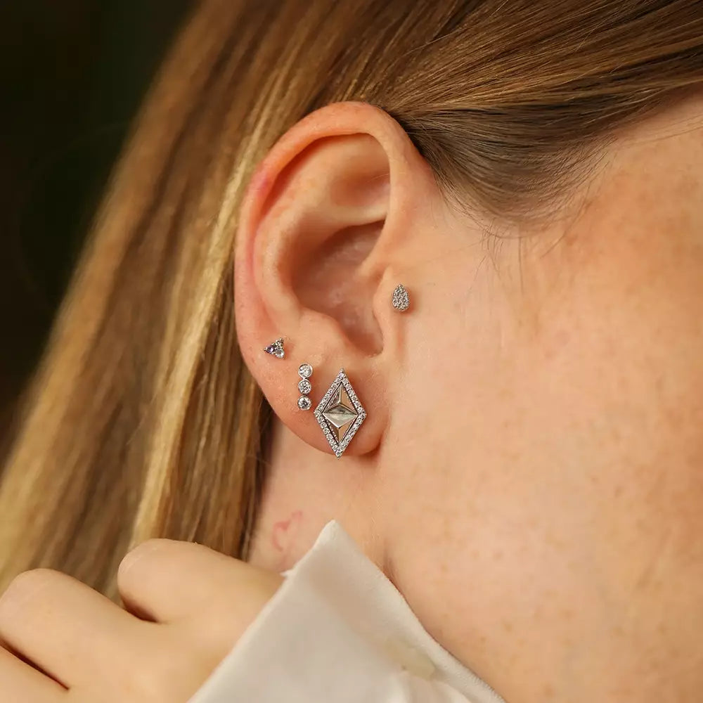 Triangle Brown Pırlanta, Ametist ve Aquamarin Taşlı Mini Tek Küpe