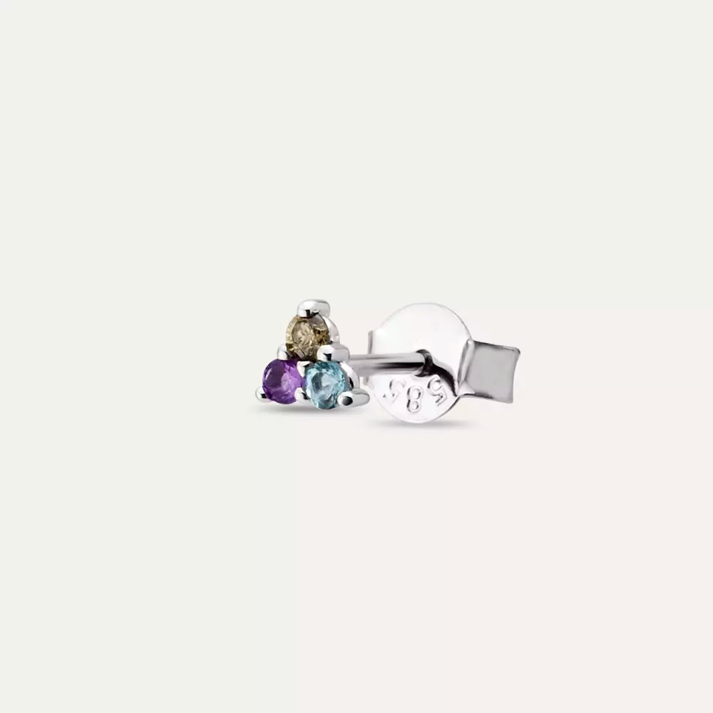 Triangle Brown Pırlanta, Ametist ve Aquamarin Taşlı Mini Tek Küpe