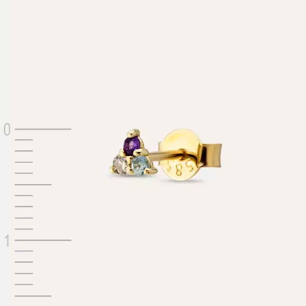 Triangle Brown Pırlanta, Ametist ve Aquamarin Taşlı Sarı Altın Tek Küpe