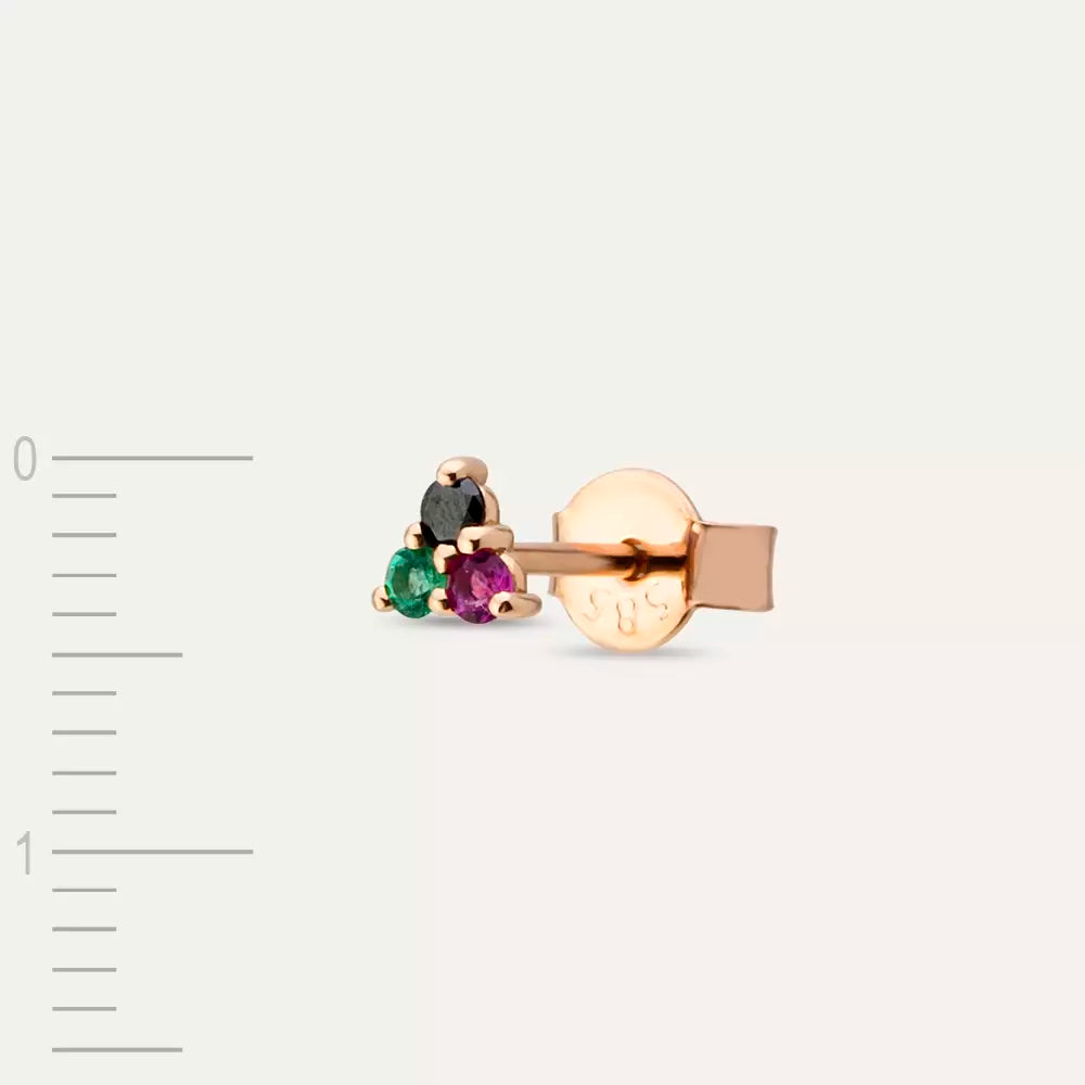 Triangle Yakut, Zümrüt ve Siyah Pırlanta Taşlı Rose Altın Tek Küpe