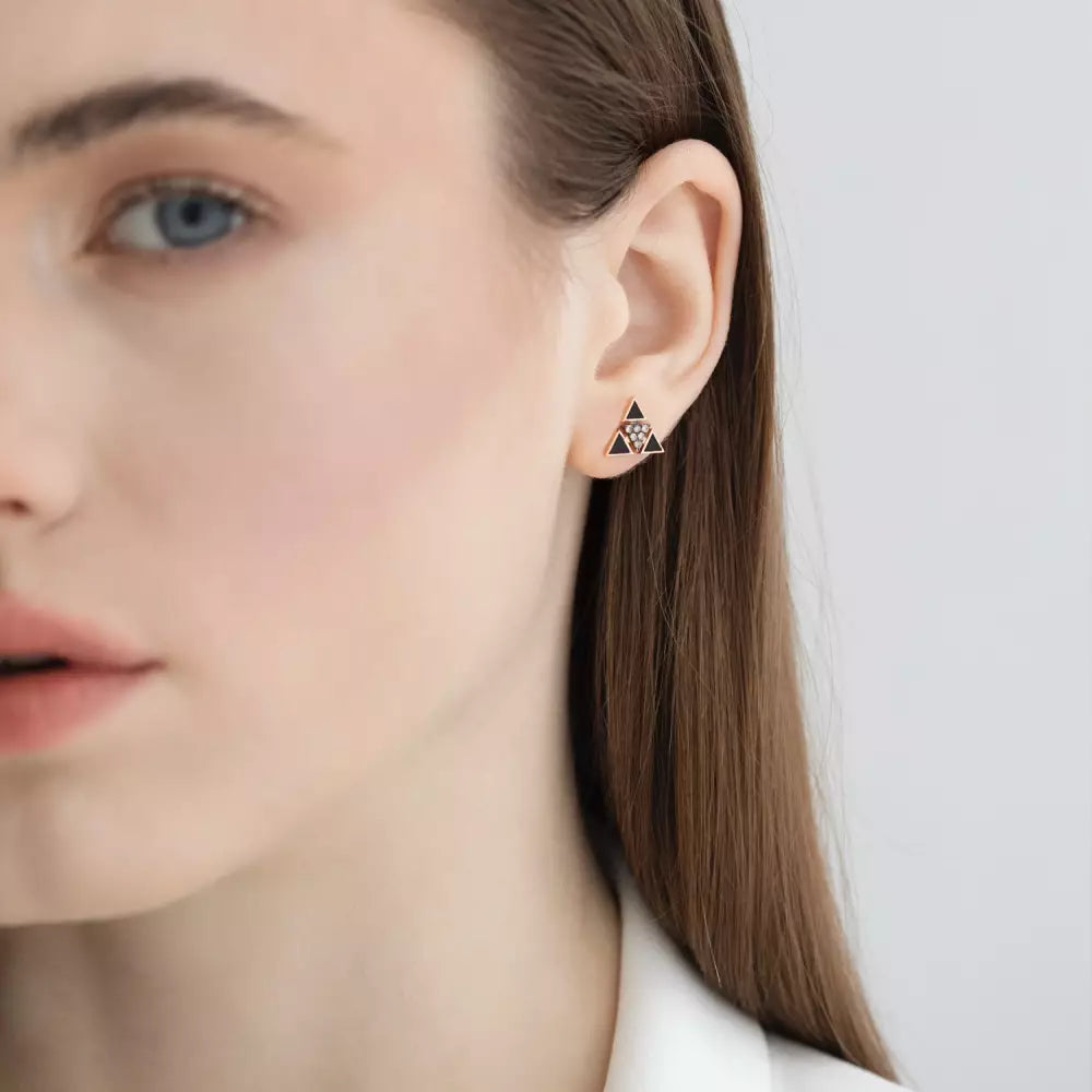 Trigon Brown Pırlanta Taşlı ve Siyah Mineli Rose Altın Küpe