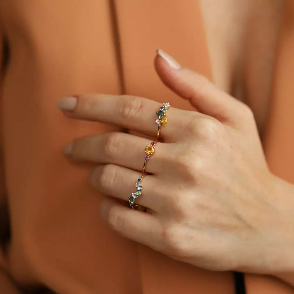 Trine Orange ve Red Safir Taşlı Rose Altın Yüzük