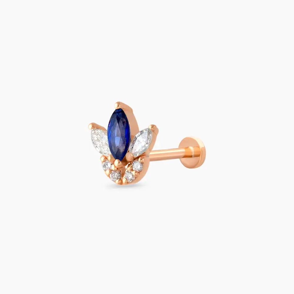 Tulip Markiz Kesim Safir ve Pırlanta Taşlı Rose Altın Piercing