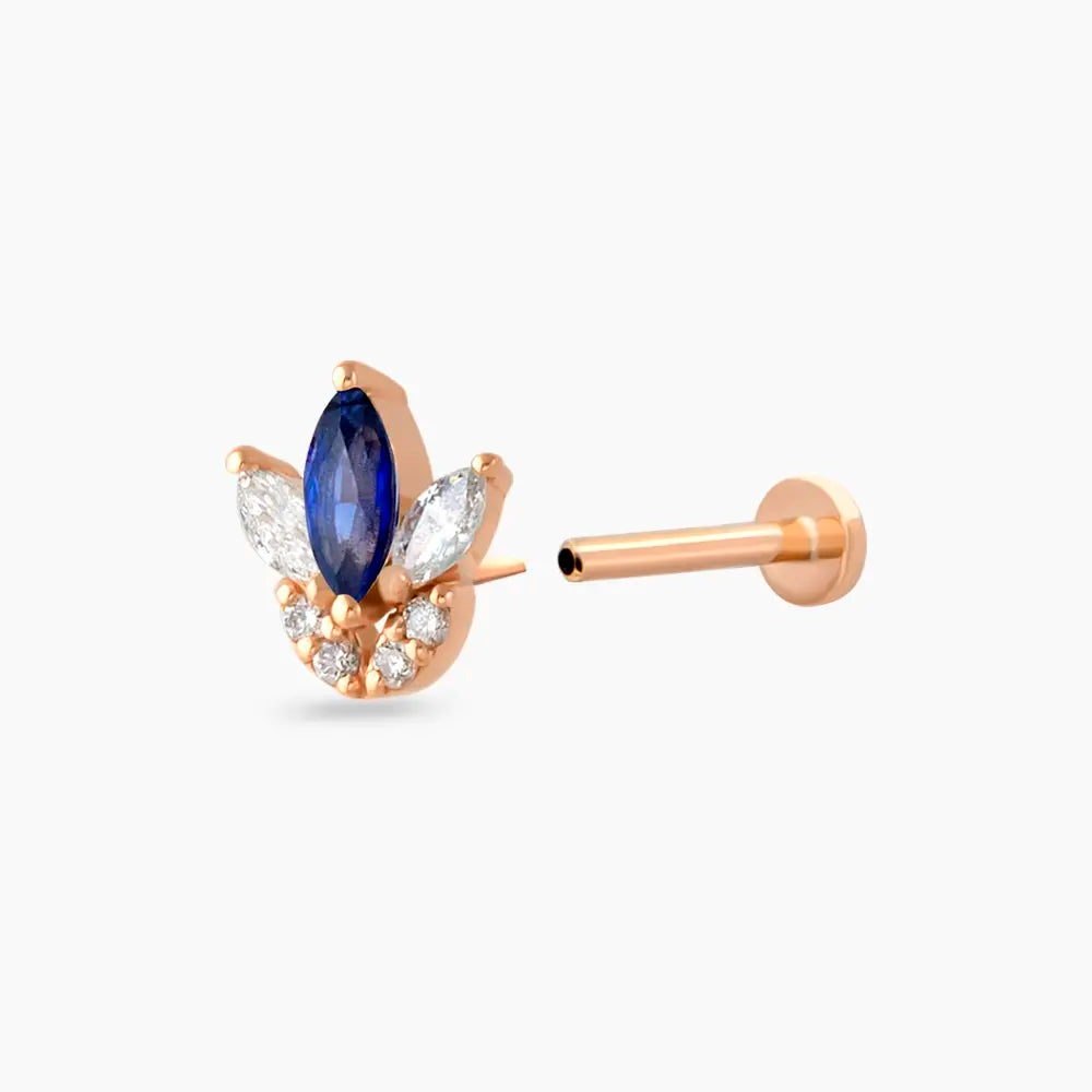 Tulip Markiz Kesim Safir ve Pırlanta Taşlı Rose Altın Piercing