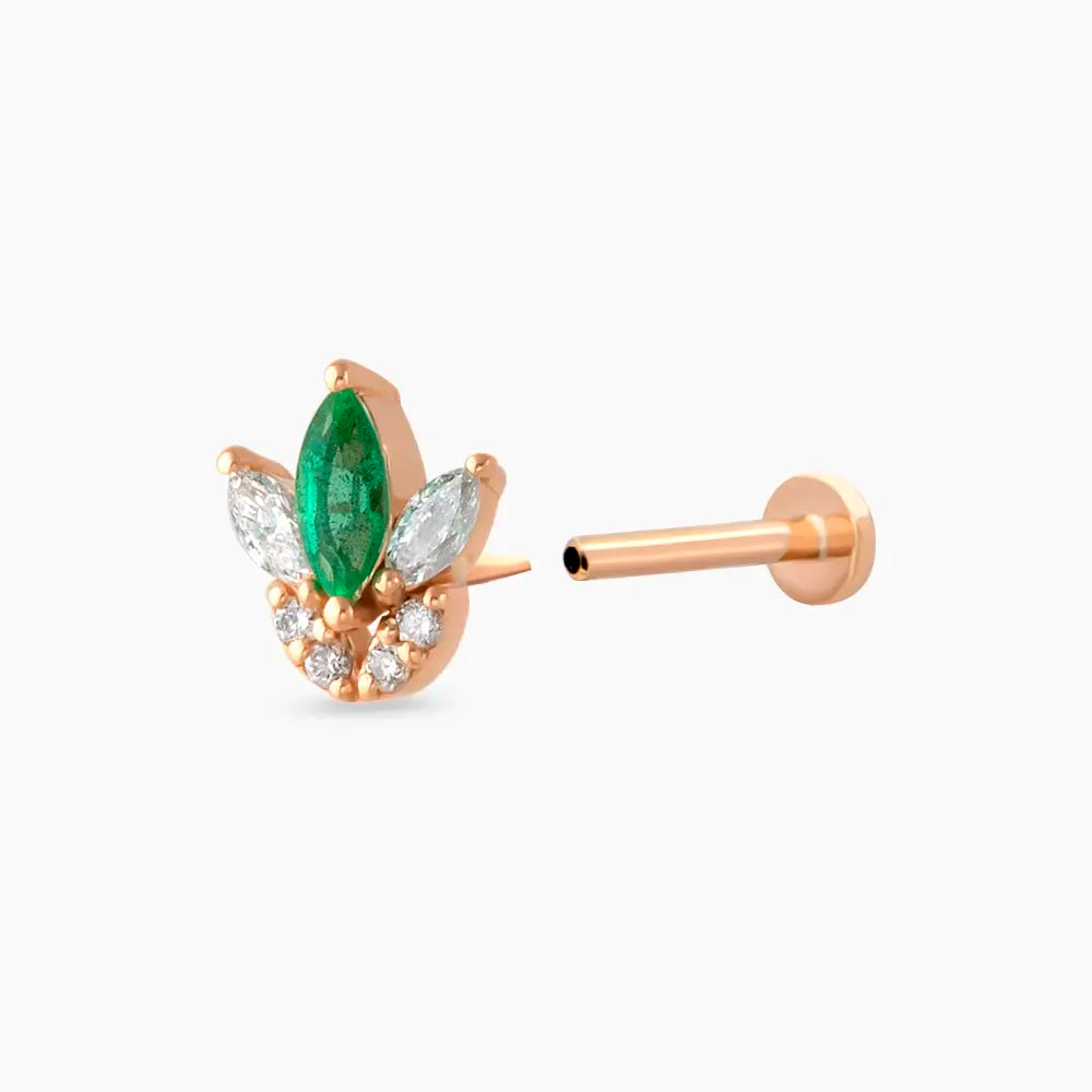 Tulip Markiz Kesim Zümrüt ve Pırlanta Taşlı Rose Altın Piercing
