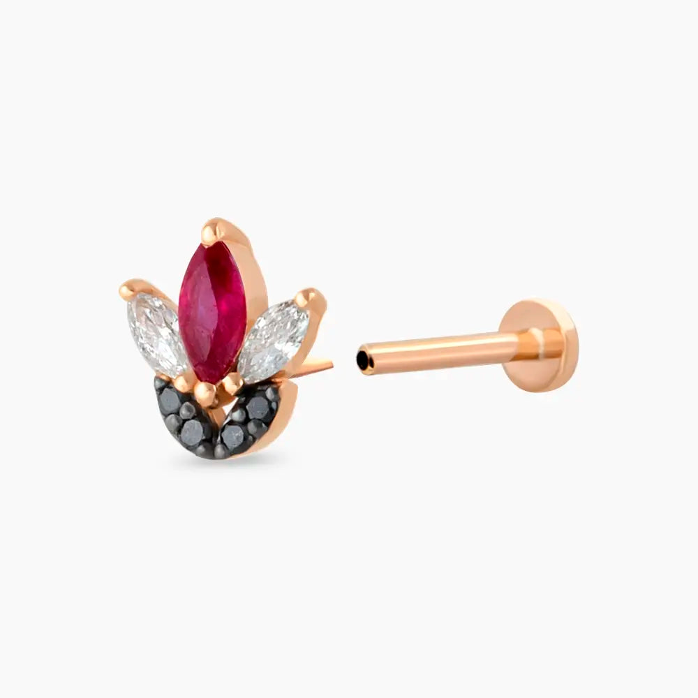 Tulip Yakut ve Siyah Pırlanta Taşlı Rose Altın Piercing