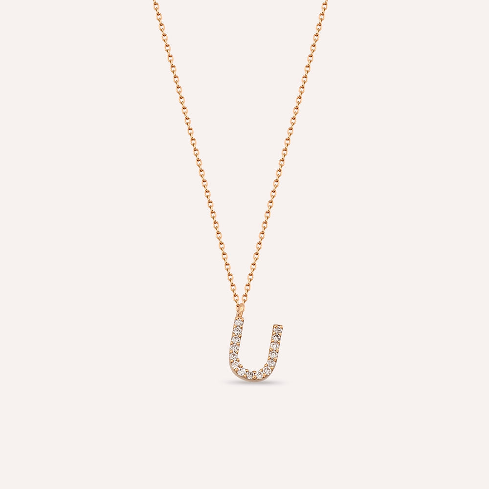 U Harf 0.10 CT Pırlanta Taşlı Rose Altın Kolye