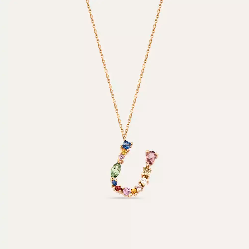 U Harf Multicolor Safir ve Brown Pırlanta Taşlı Rose Altın Kolye