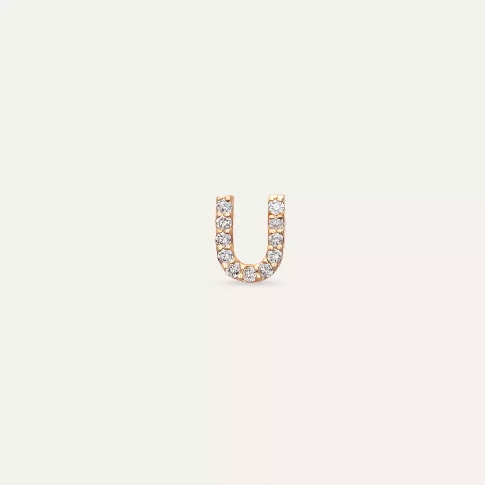 U Harf Pırlanta Taşlı Rose Altın Tek Küpe