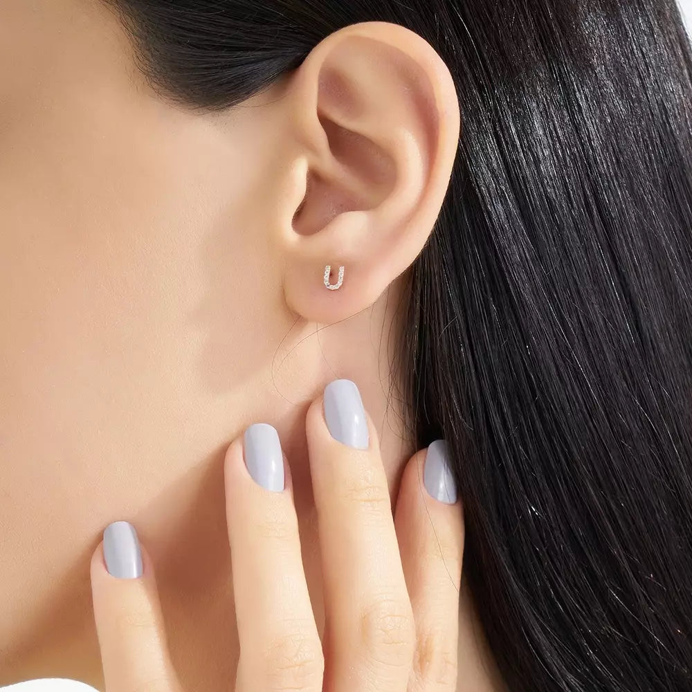 U Harf Pırlanta Taşlı Rose Altın Tek Küpe