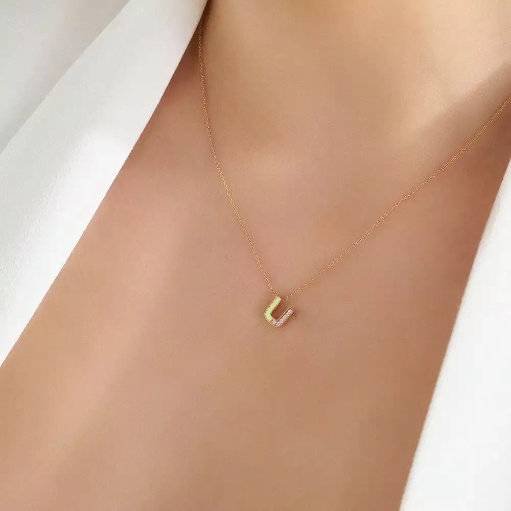 U Harf Pırlanta Taşlı ve Siyah Mineli Rose Altın Kolye